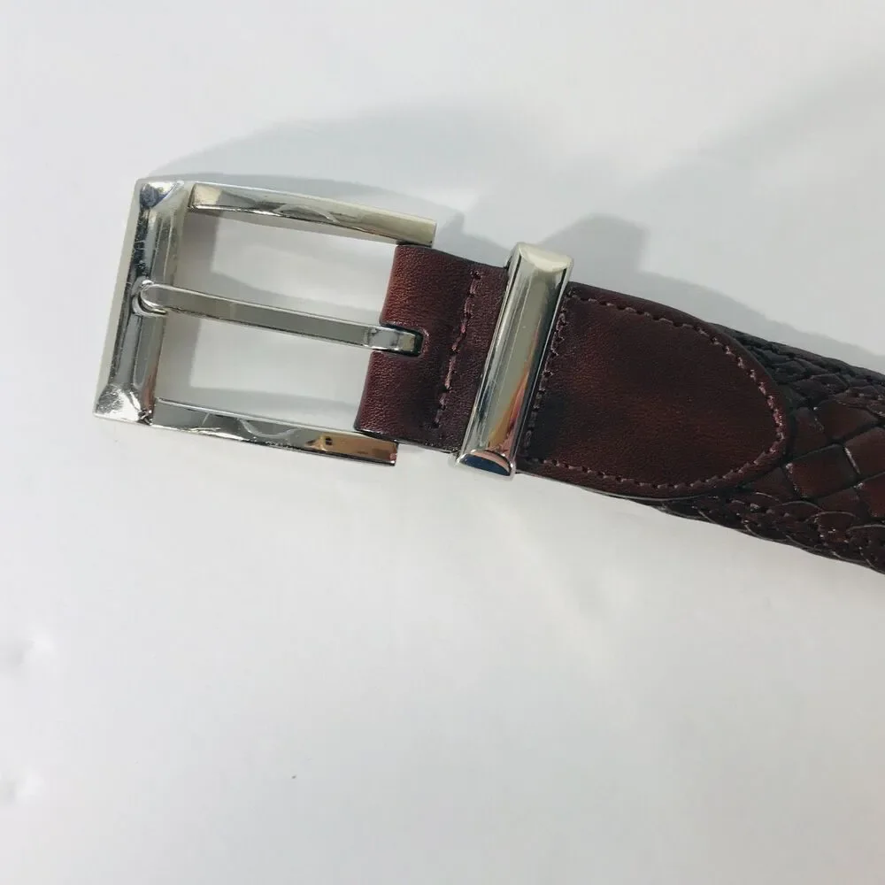 Bragano 42 Belt Brown Woven Leather Silver Buckle Classic Weave Canada Men’s